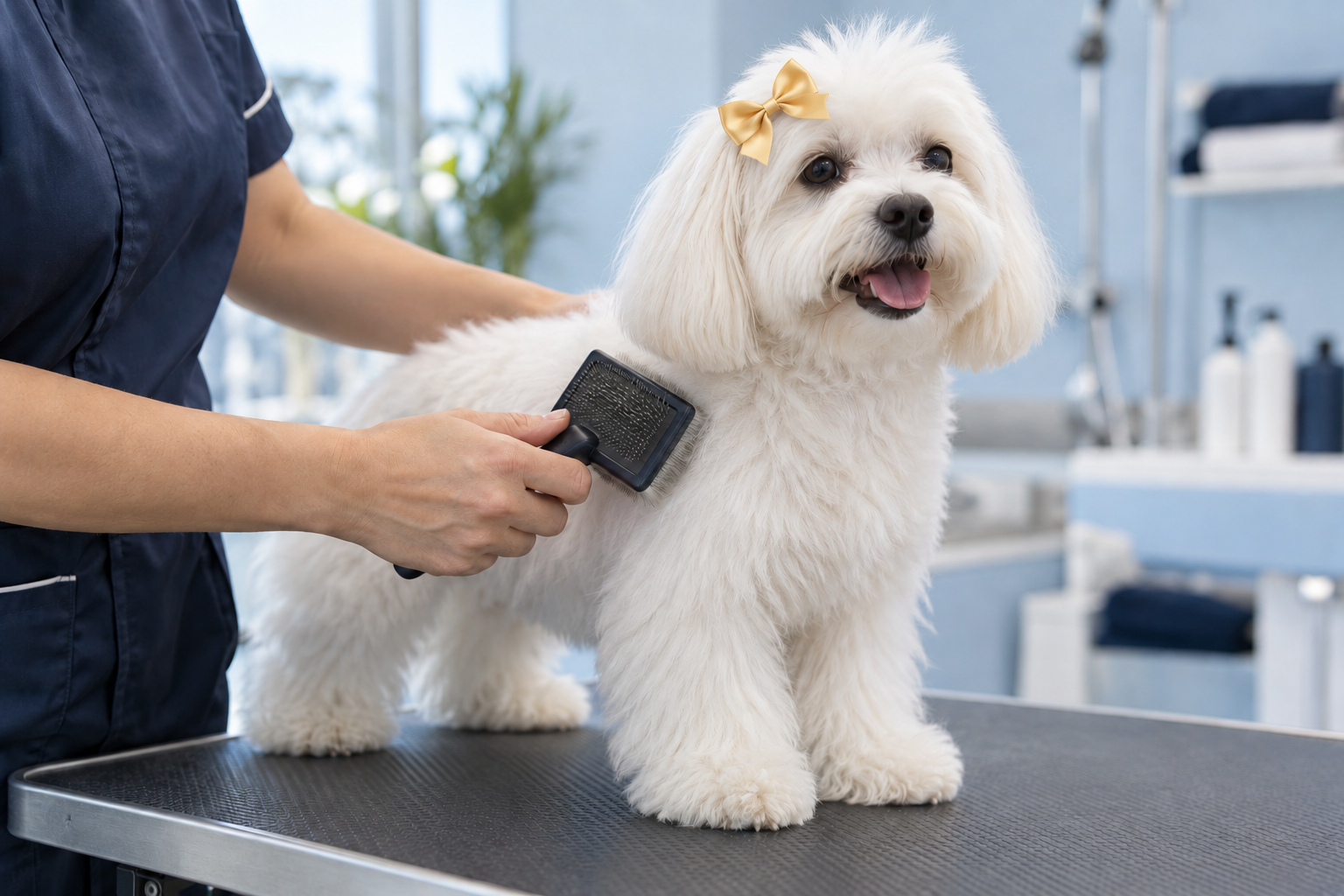 Profesional cepillando con cuidado a un perro blanco con lazo amarillo